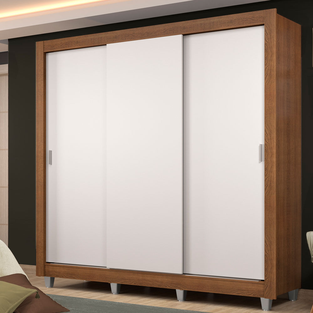 Guarda-Roupa Casal Madesa Lyon Plus 3 Portas de Correr 4 Gavetas com Pés Rustic/Branco