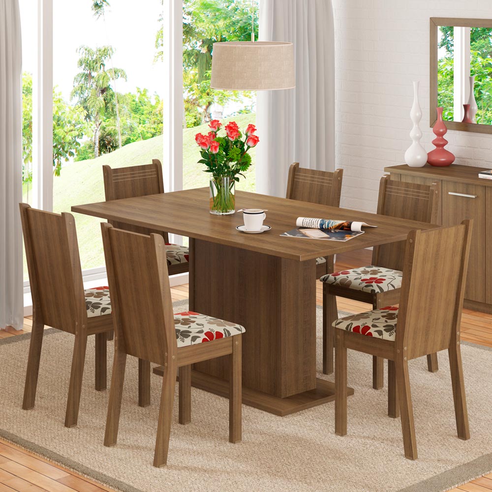 Conjunto Sala de Jantar Madesa Megan Mesa Tampo de Madeira com 6 Cadeiras Rustic/Floral Hibiscos