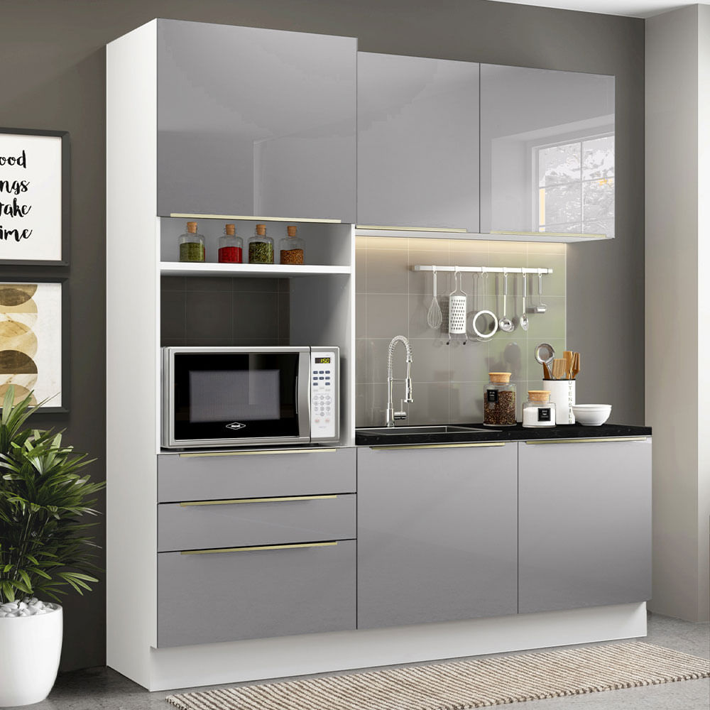 Armário de Cozinha Compacta 180cm Branco/Cinza Lux Madesa 01