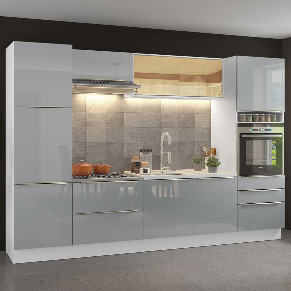 Armário de Cozinha Completa 320cm Branco/Cinza Lux Madesa 01