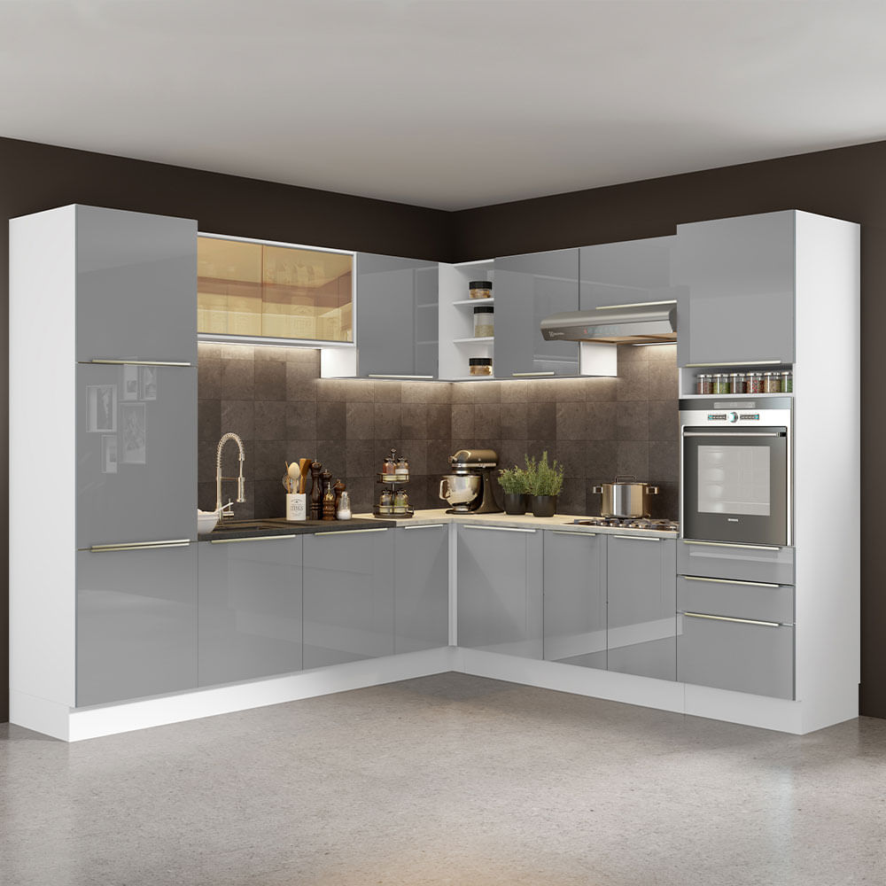 Armário de Cozinha Completa de Canto 546cm Branco/Cinza Lux Madesa 03