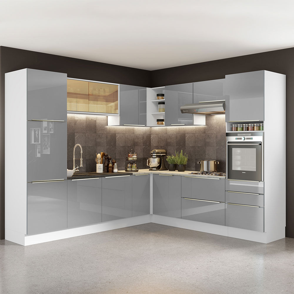 Armário de Cozinha Completa de Canto 546cm Branco/Cinza Lux Madesa 01
