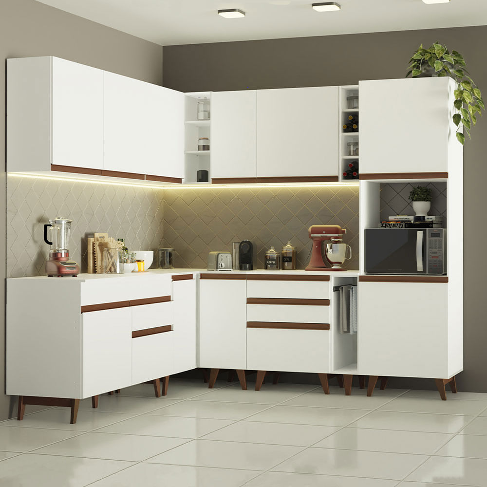 Armário de Cozinha Completa de Canto 437cm Branco Reims Madesa 01