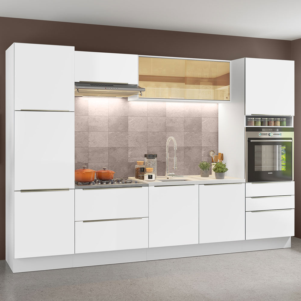 Armário de Cozinha Completa 320cm Branco Branco Veludo Lux Madesa 01