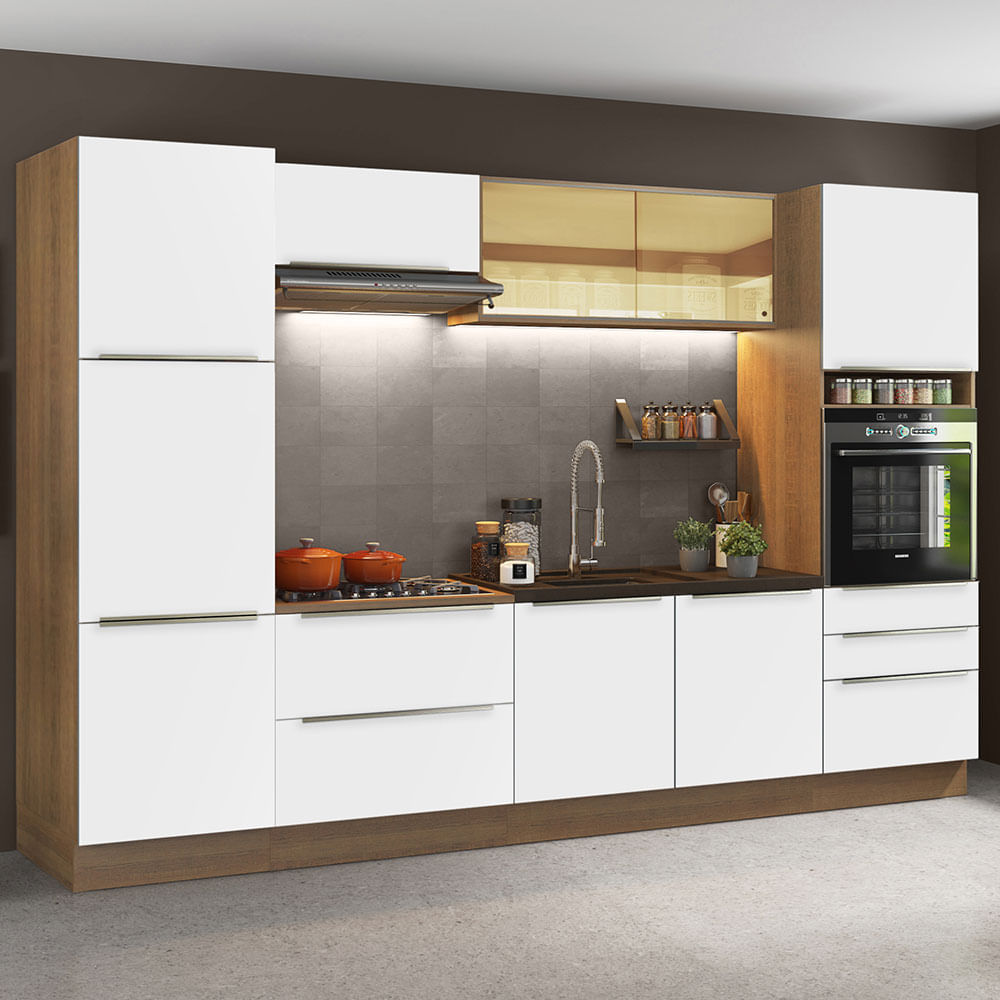 Armário de Cozinha Completa 320cm Rustic Branco Veludo Lux Madesa 01