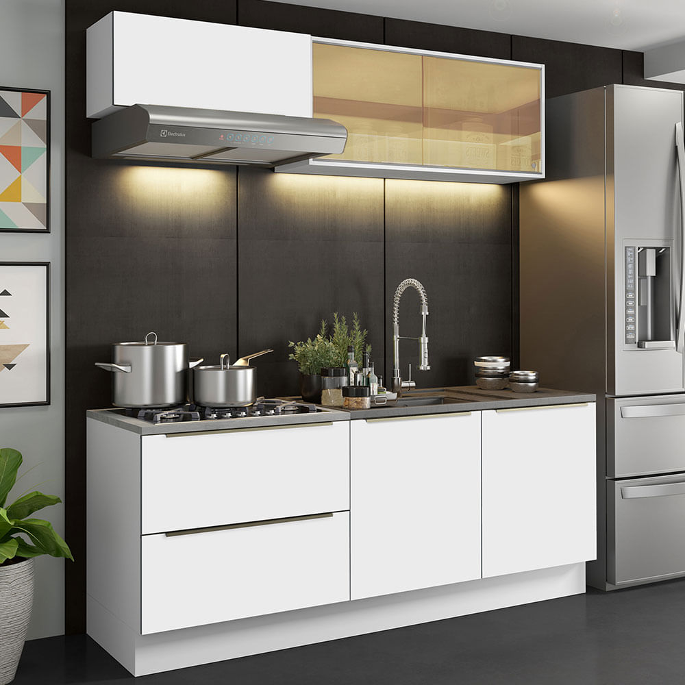 Armário de Cozinha Completa 200cm Branco Branco Veludo Lux Madesa 01