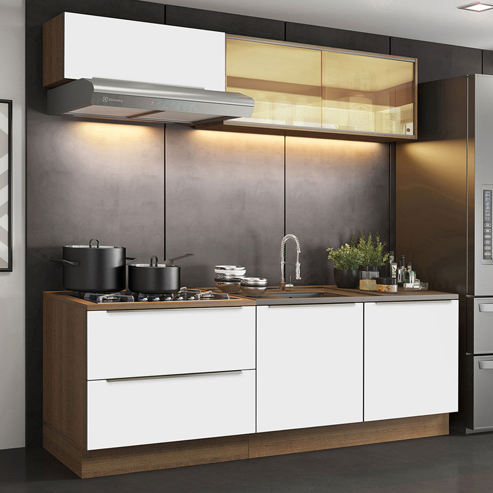 Armário de Cozinha Completa 200cm Rustic Branco Veludo Lux Madesa 01