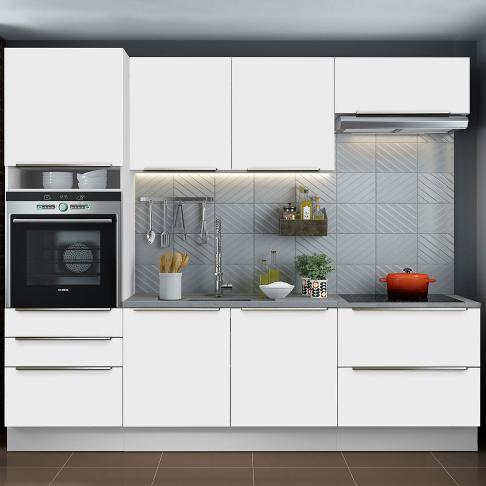 Armário de Cozinha Completa 260cm Branco Branco Veludo Lux Madesa 01