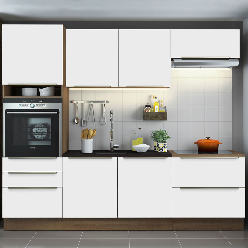 Armário de Cozinha Completa 260cm Rustic Branco Veludo Lux Madesa 01