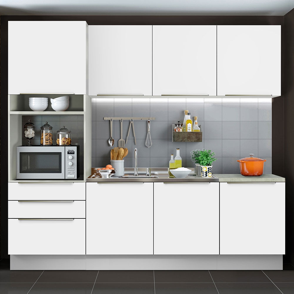 Armário de Cozinha Completa 240cm Branco Branco Veludo Lux Madesa 03