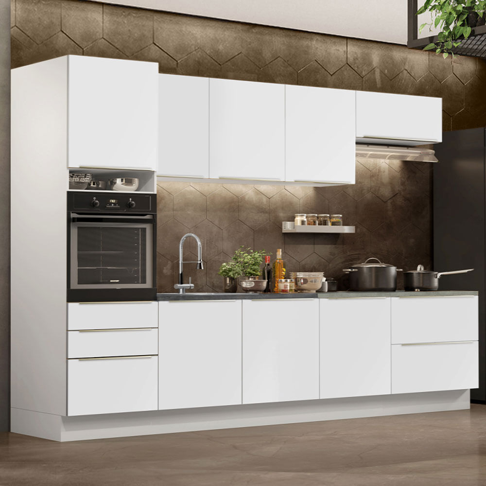 Armário de Cozinha Planejada 320cm Branco Branco Veludo Lux Madesa 04