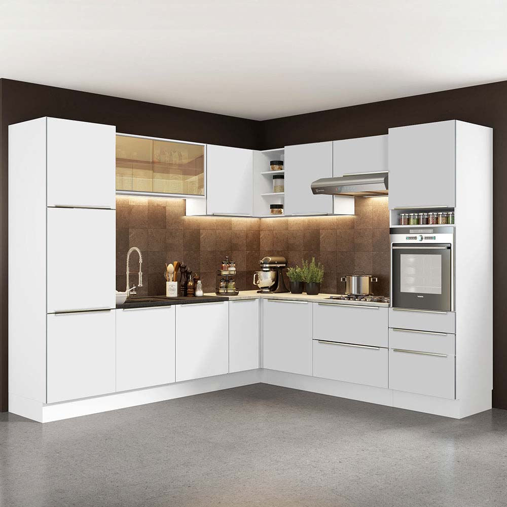 Armário de Cozinha Completa de Canto 546cm Branco/Branco Veludo Lux Madesa 01