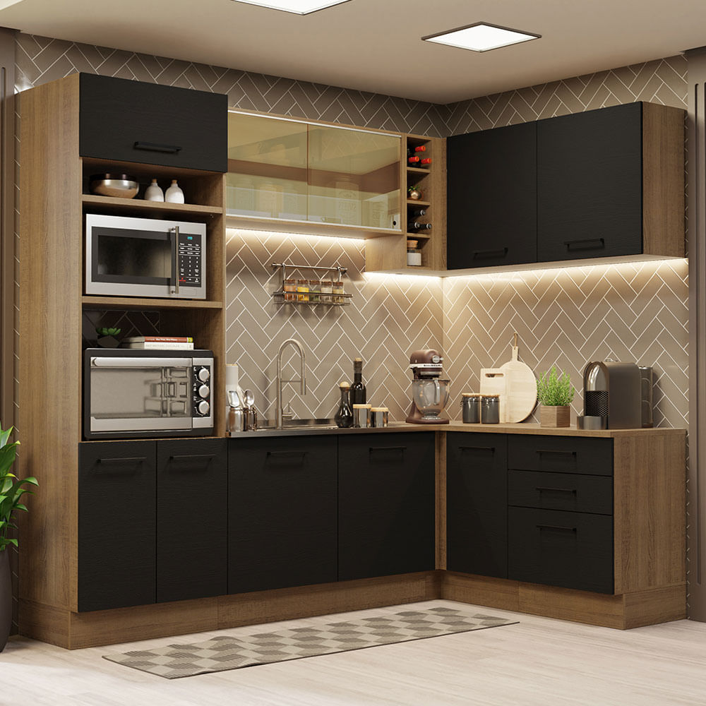 Armário de Cozinha Completa de Canto 399cm Rustic Preto Agata Madesa 01