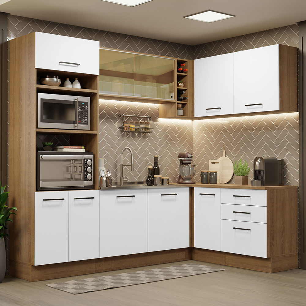 Armário de Cozinha Completa de Canto 399cm Rustic Branco Agata Madesa 01