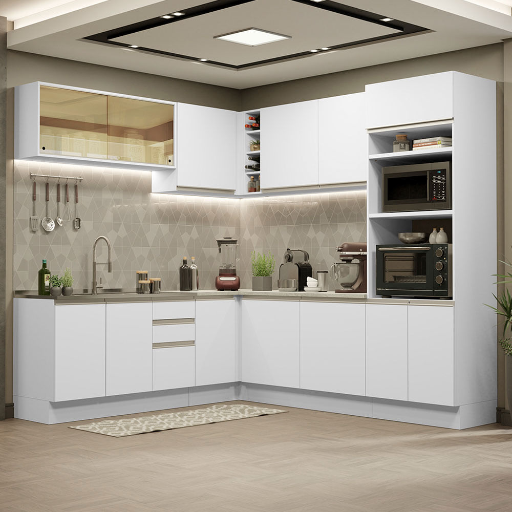 Armário de Cozinha Completa de Canto 459cm Branco Glamy Madesa 01