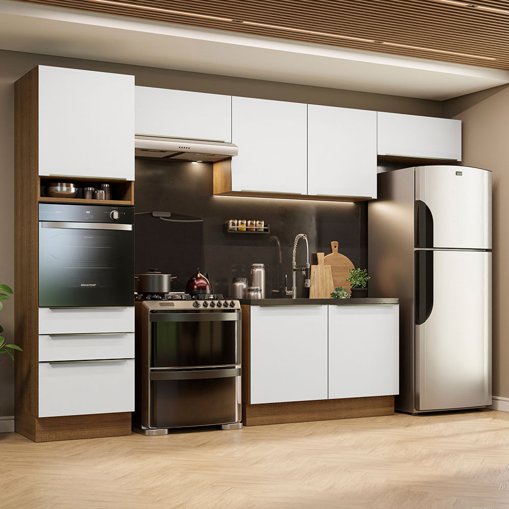 Armário de Cozinha Completa 340cm Rustic Branco Veludo Lux Madesa 01