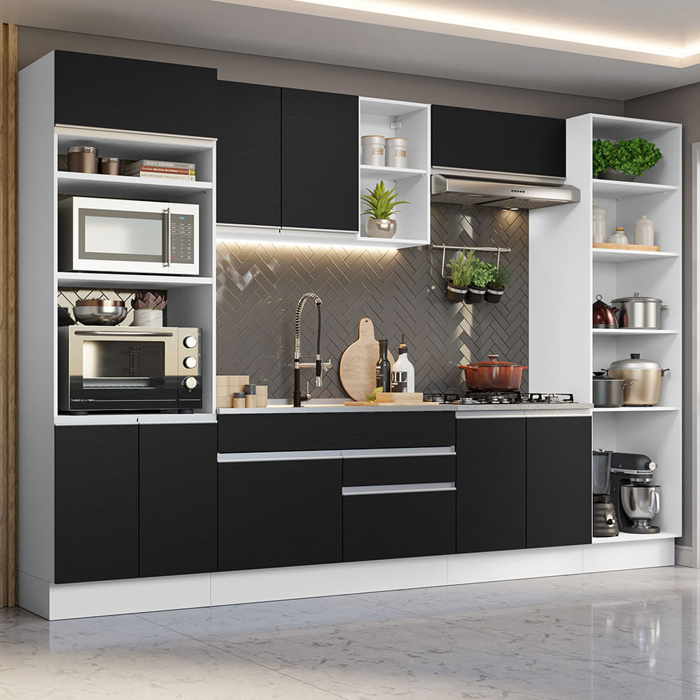 Armário de Cozinha Completa 330cm Branco/Preto Glamy Madesa 03