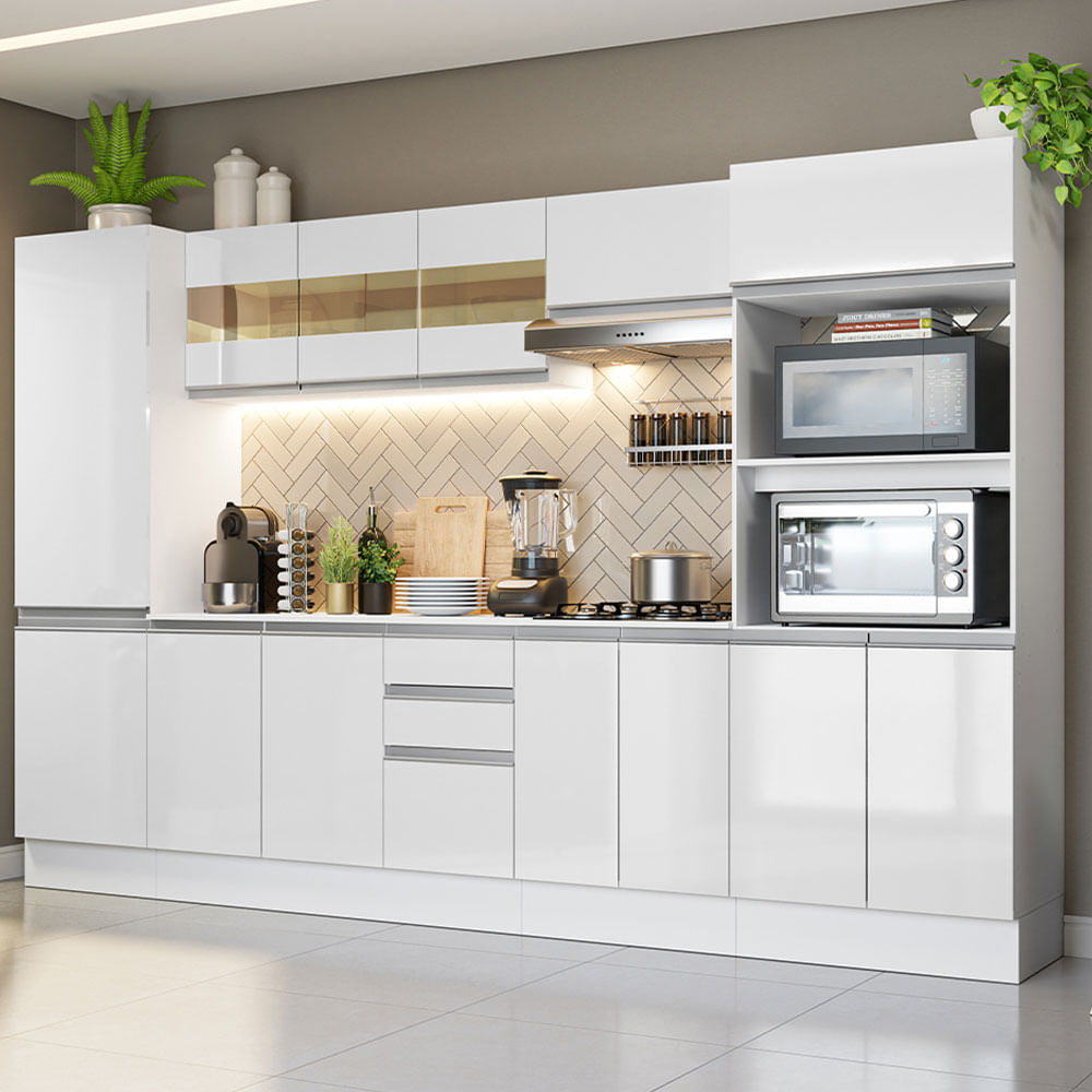 Armário de Cozinha Completa 100% MDF 300 cm Frentes Branco Brilho Smart Madesa 01