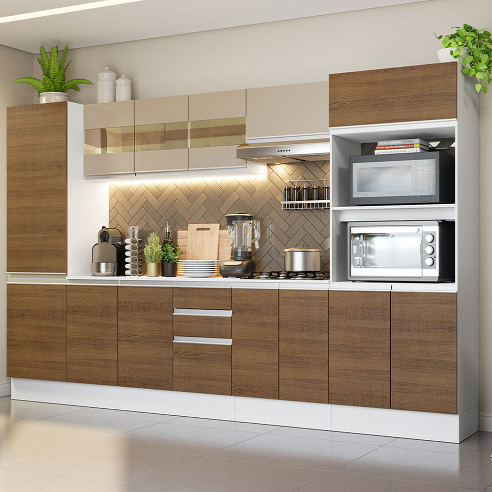 Armário de Cozinha Completa 100% MDF 300 cm Branco/Rustic/Crema Smart Madesa 01