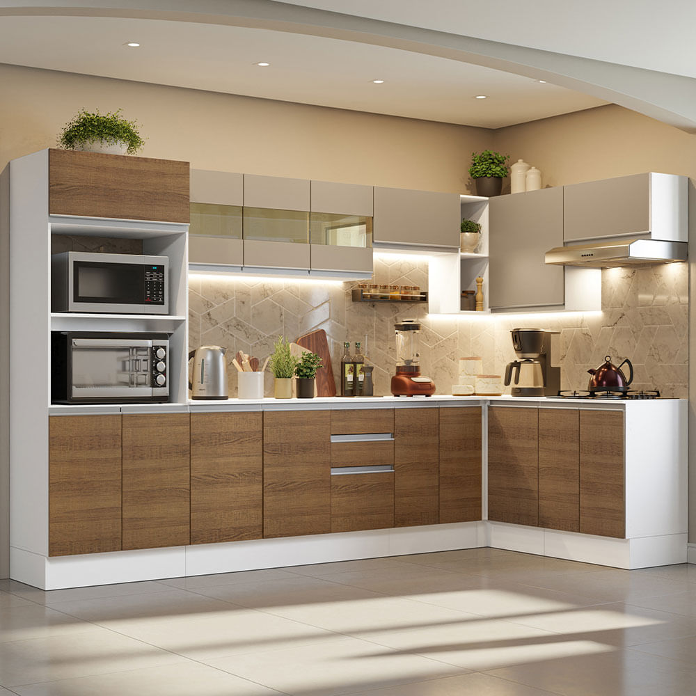 Armário de Cozinha Completa de Canto 100% MDF 448cm Branco/Rustic/Crema Smart Madesa 01
