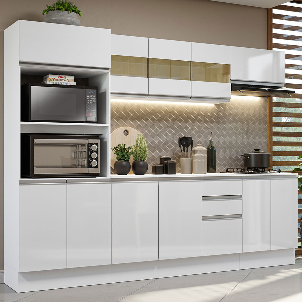 Armário de Cozinha Completa 100% MDF 250 cm Frentes Branco Brilho Smart Madesa 01