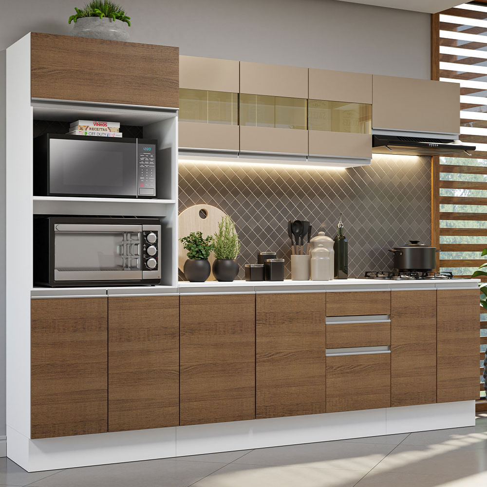 Armário de Cozinha Completa 100% MDF 250 cm Branco/Rustic/Crema Smart Madesa 01