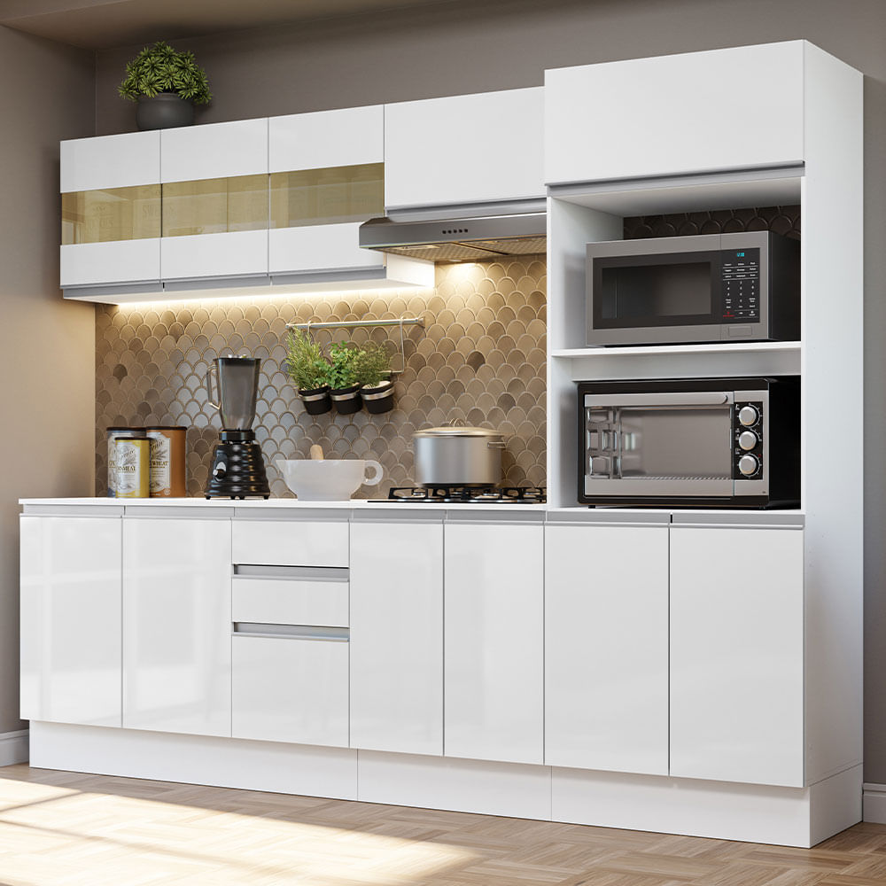 Armário de Cozinha Completa 100% MDF 250 cm Frentes Branco Brilho Smart Madesa 02