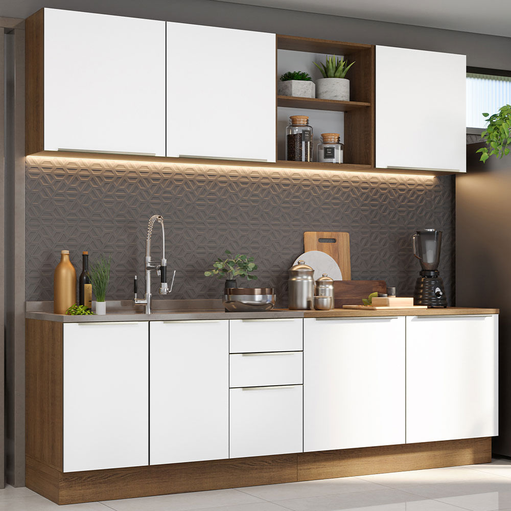 Armário de Cozinha Completa 240cm Rustic/Branco Veludo Lux Madesa 05