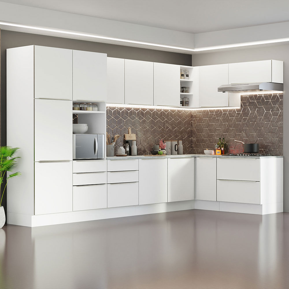 Armário de Cozinha Completa de Canto 546cm Branco Veludo Lux Madesa 05