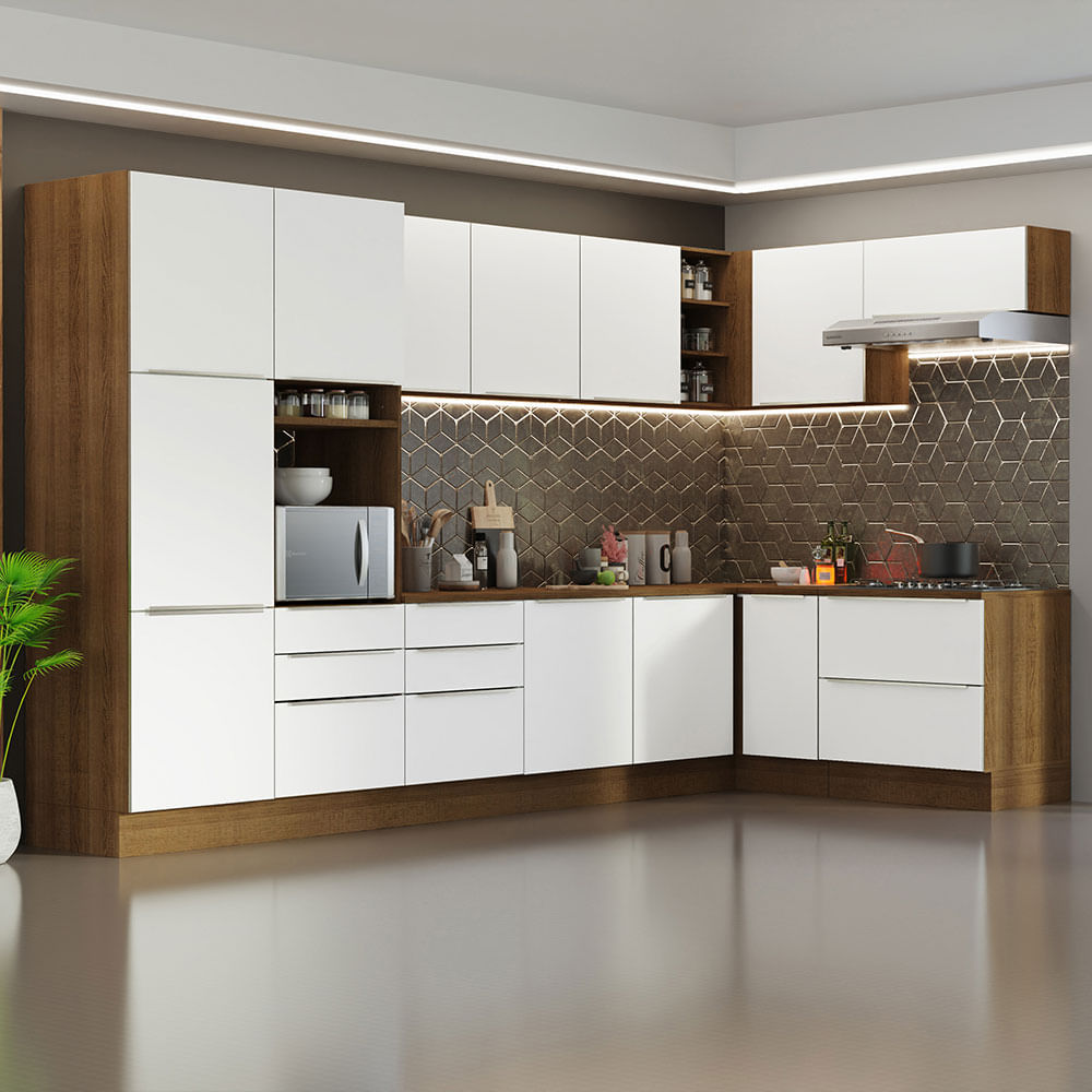Armário de Cozinha Completa de Canto 546cm Rustic/Branco Veludo Lux Madesa 05